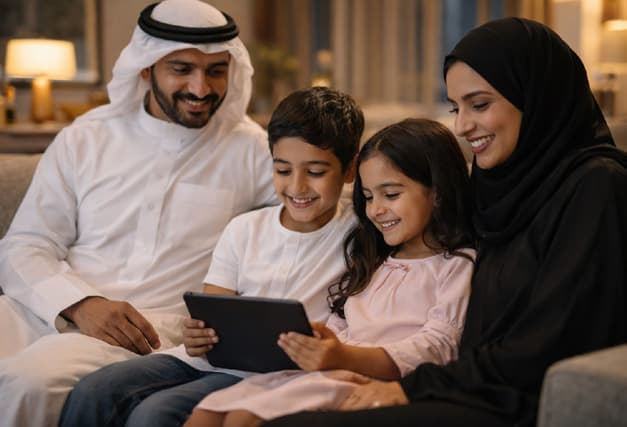 A family looking at a tablet together