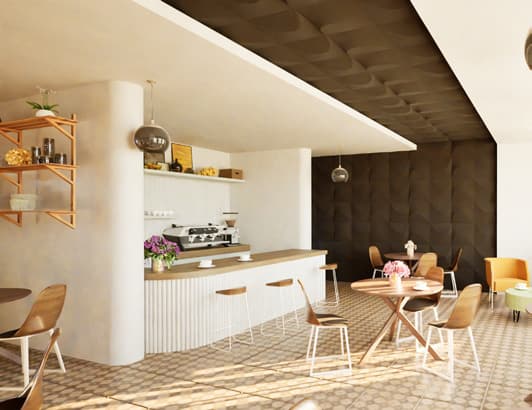 A hospitality interior with a service counter